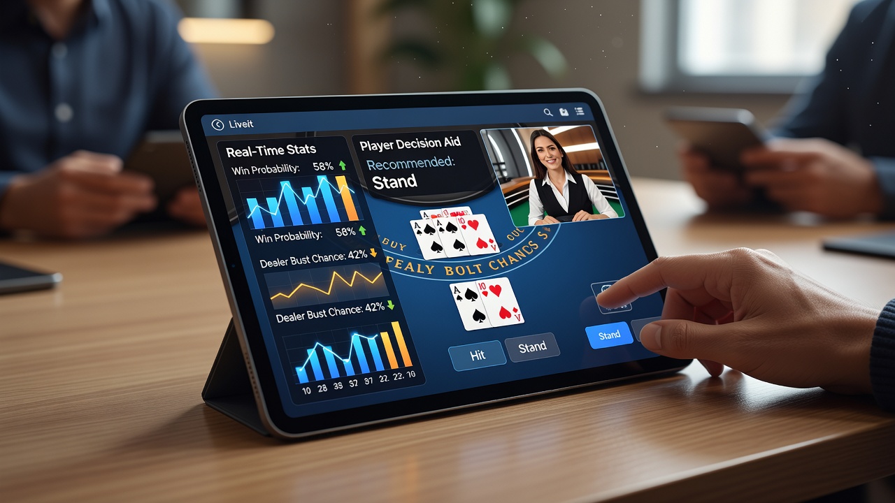 Spieler analysiert Live-Statistiken auf einem Tablet während eines mobilen Poker-Spiels